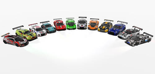 Acura NSX GT3, Aston Martin V12 Vantage GT3, Audi R8 LMS, BMW Z4 GT3, Ferrari 488 GT3, Lamborghini Huracan GT3, Lexus RC F GT3, McLaren 650S GT3, Mercedes-AMG GT3, Nissan GT-R Nismo GT3, Porsche 911 GT3 R, SCG 003C